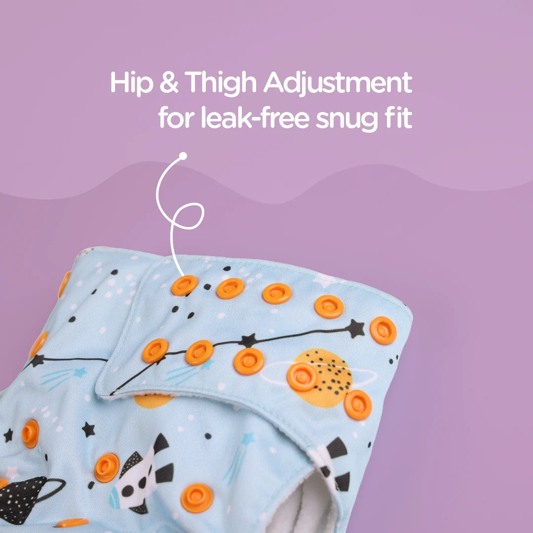 Cloth Diaper with Hip and Thigh Adjustment Buttons for Leak-free Protection - Just Bumm Aurora Max