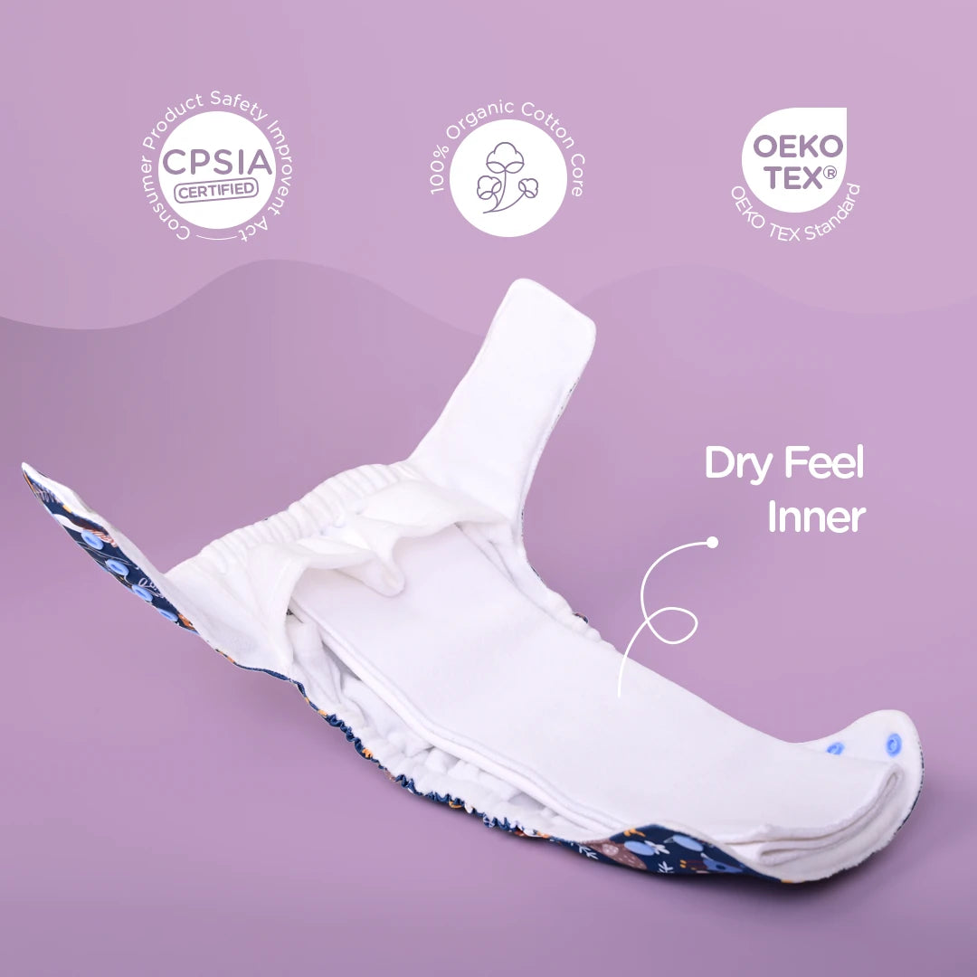 CPSIA Certified Organic Cotton Cloth Diaper with Stay Dry Feel Inner - Just Bumm