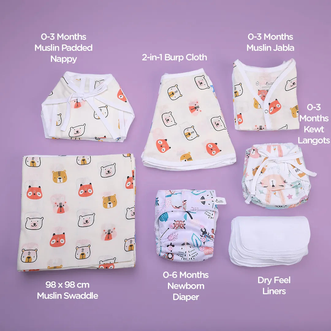 Complete Newborn Wardrobe Gift Set for 0-3 Months - Includes Muslin Padded Nappies and Swaddles - Just Bumm