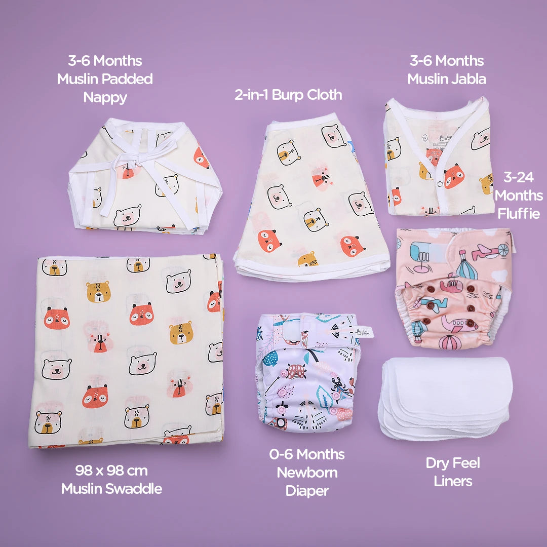 Luxury 3-6 Months Baby Gift Box - Cuddle Collection Organic Muslin Wear and Cloth Diapers - Just Bumm