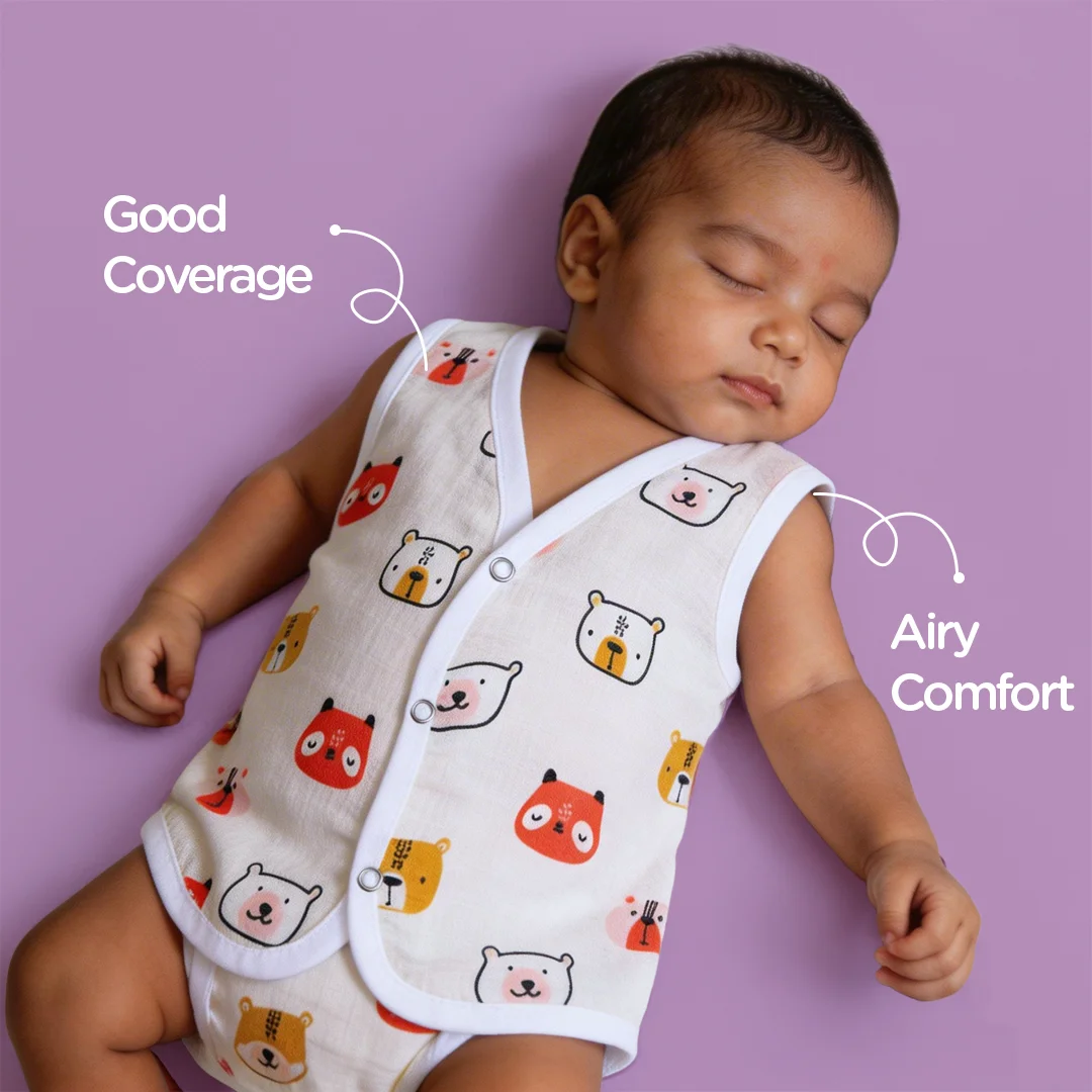 100% Muslin Jablas - Front open sleeveless top for newborn babies